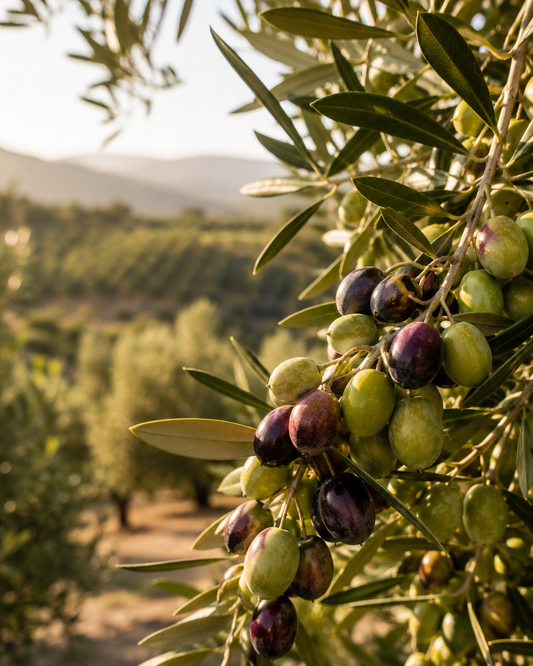 Fresh Picual olives and extra virgin olive oil illustrating naturally occurring olive polyphenols.