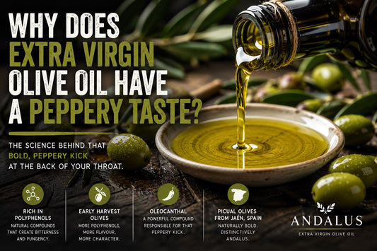 Extra virgin olive oil with a peppery taste, showing Picual olives, polyphenols and early harvest olive oil from Jaén, Spain.