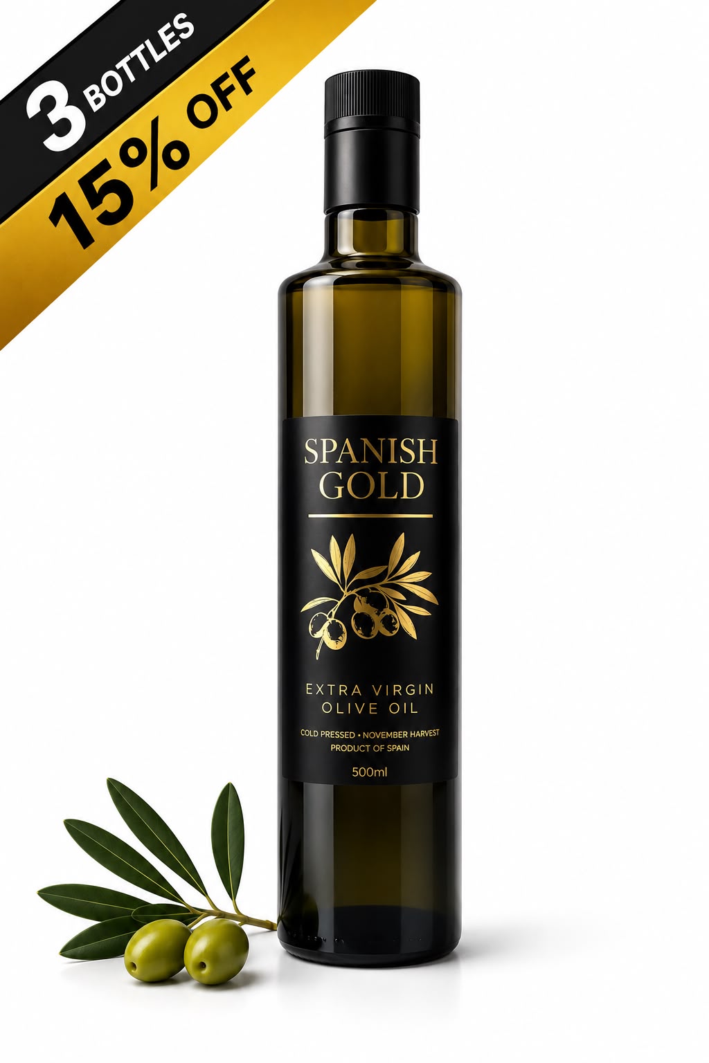 A 500ml bottle of Spanish Gold Extra Virgin Olive Oil on a white background, decorated with green olives and leaves, featuring a gold and black promotional banner in the top-left corner.