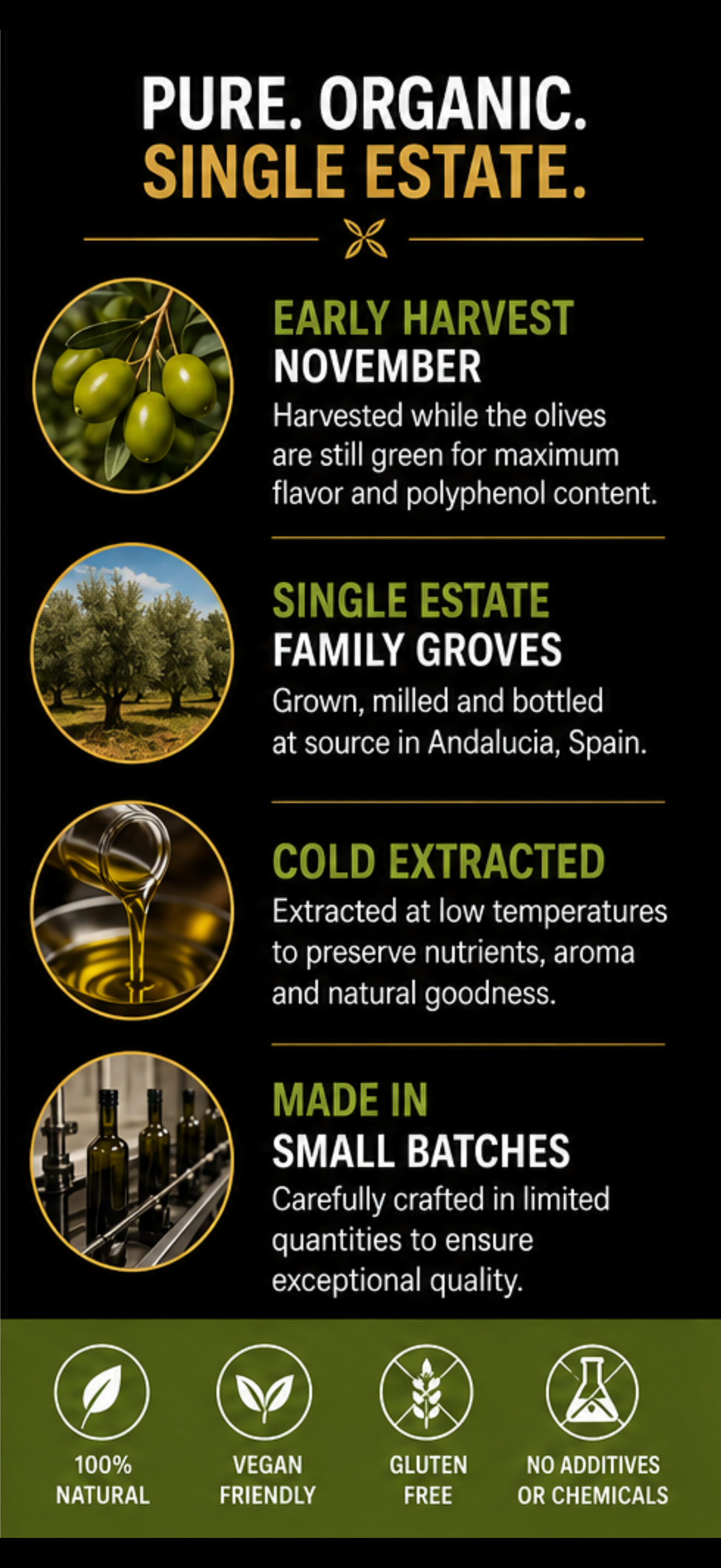 Andalus Organic Gold certified organic early harvest Picual extra virgin olive oil from Jaén Spain