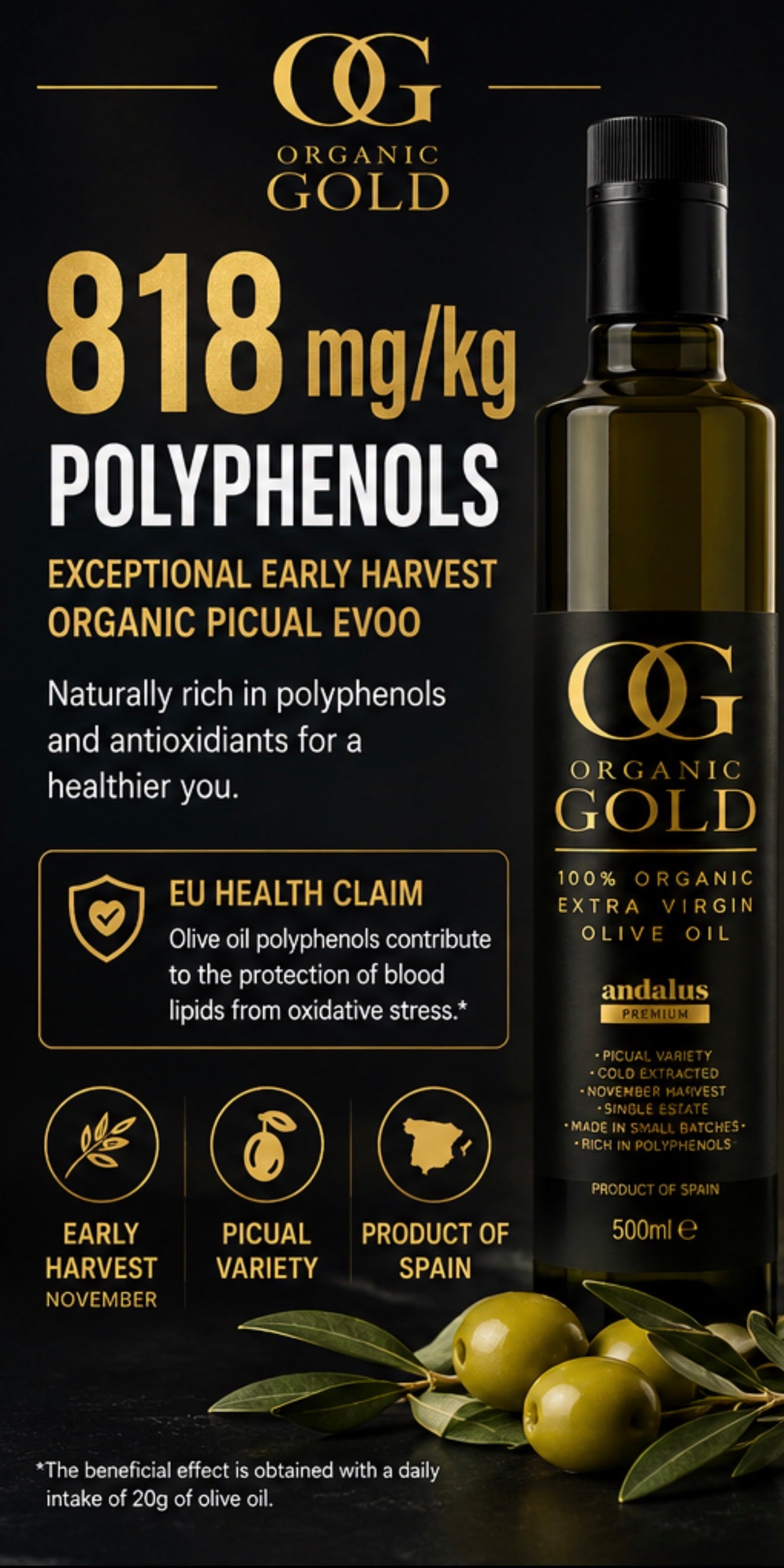 Andalus Organic Gold certified organic early harvest Picual extra virgin olive oil from Jaén Spain