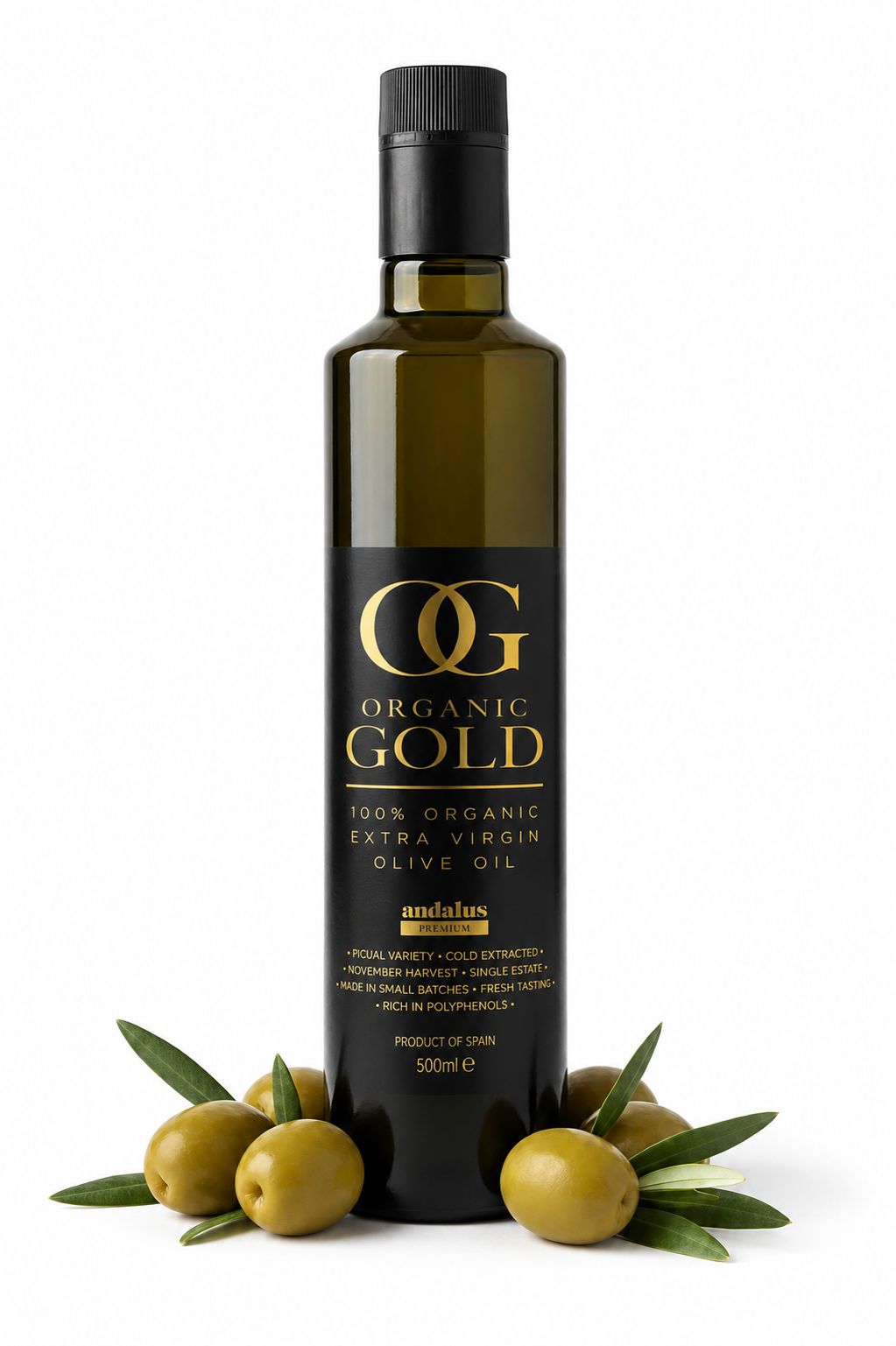 Andalus Organic Gold certified organic early harvest Picual extra virgin olive oil from Jaén Spain