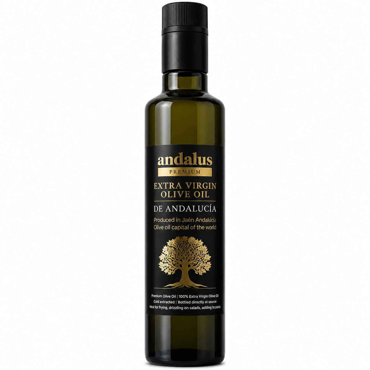 A bottle of Andalus Extra Virgin Olive Oil against a plain white background. The product is in a dark olive green glass bottle with a black cap and a black label featuring gold and white text and a gold tree graphic.