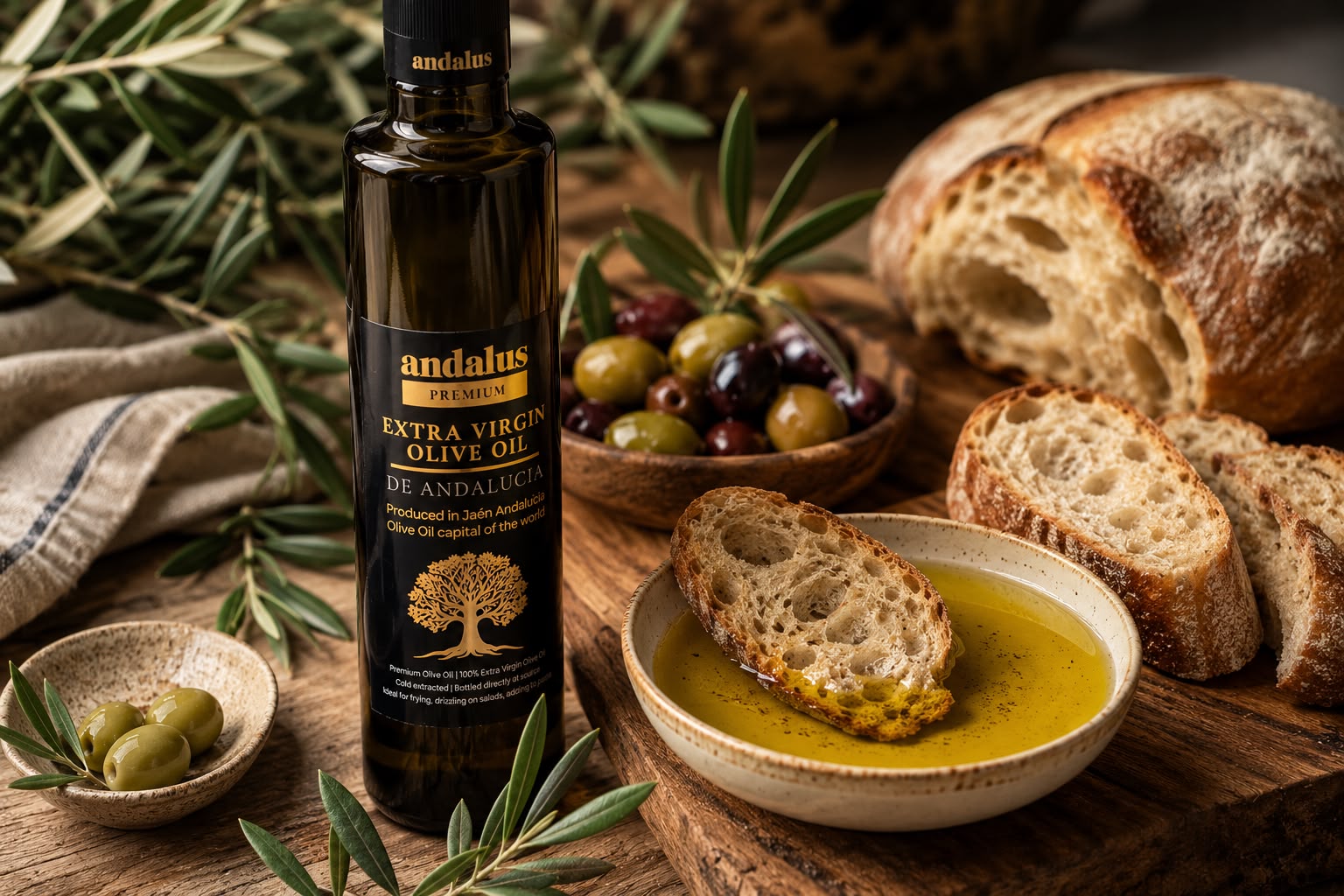 A bottle of Andalus Extra Virgin Olive Oil stands on a rustic wooden table beside a bowl of bread dipped in olive oil, sliced bread, olives, and olive branches.