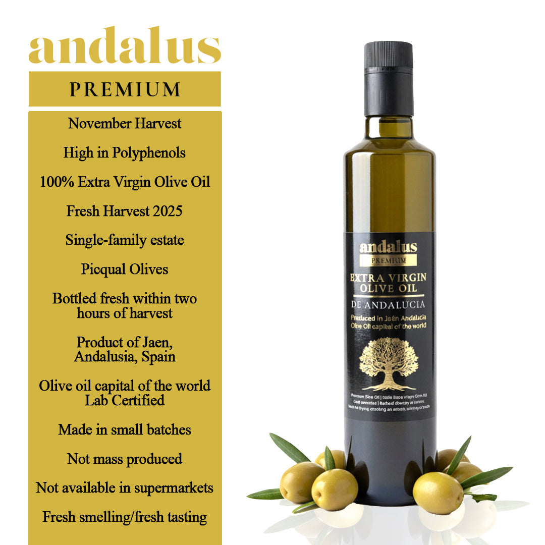 Bottle of Andalus Extra Virgin Olive Oil with product details on a white background