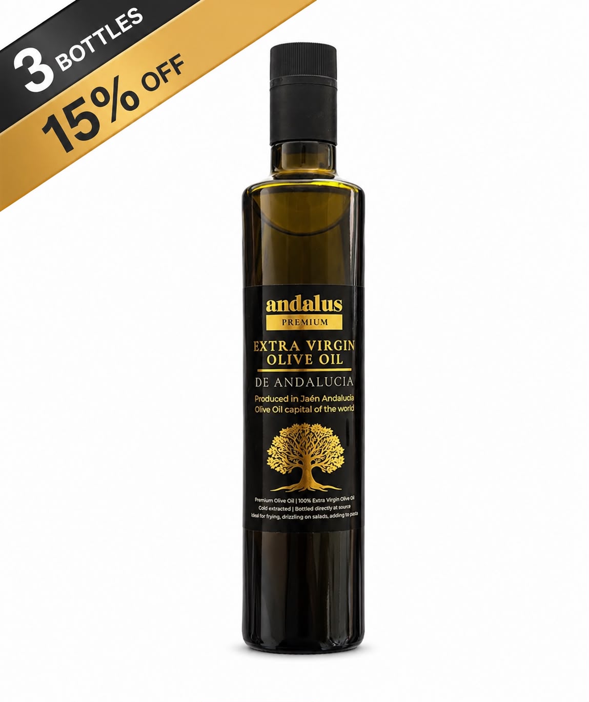 A single bottle of Andalus Premium Extra Virgin Olive Oil on a white background with a gold promotional banner in the top-left corner reading '3 BOTTLES 15% OFF'. The bottle is dark glass with a black cap and a black label featuring gold text and a gold tree logo.