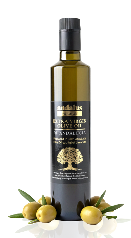 Bottle of Andalus Premium Spanish extra virgin olive oil from Jaén, Spain, with fresh olives on a white background