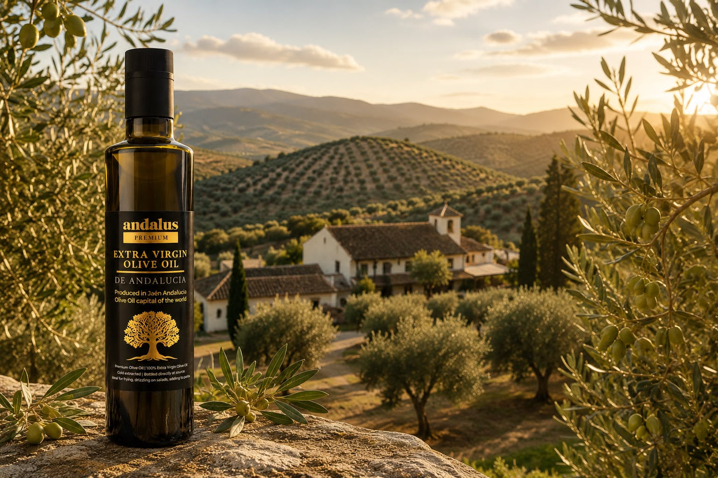 A bottle of Andalus Extra Virgin Olive Oil stands on a stone surface outdoors, framed by olive leaves, with a scenic Mediterranean landscape and village in the background at sunset.
