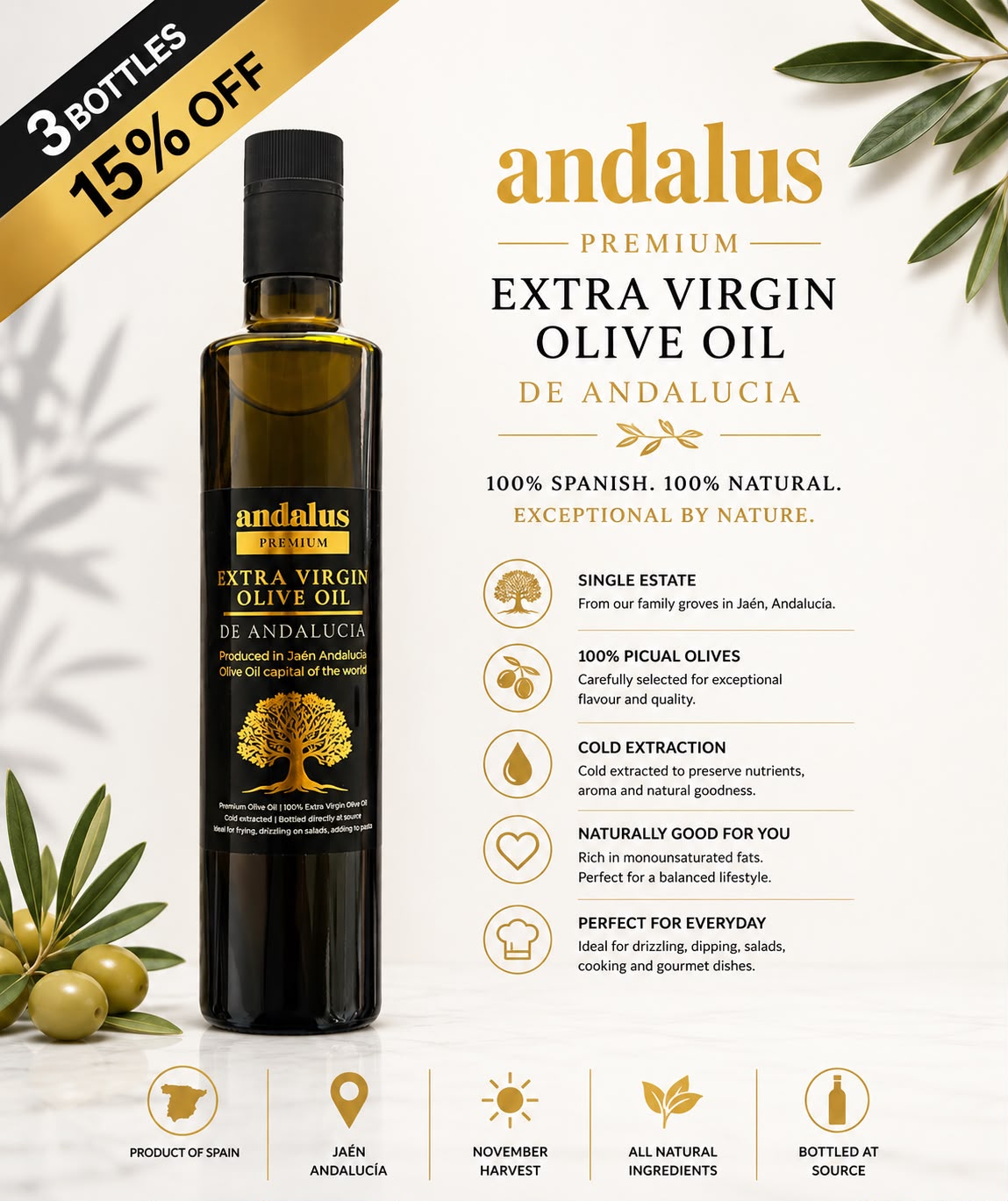 A promotional product graphic for Andalus Premium Extra Virgin Olive Oil. The image features a dark glass bottle of olive oil on the left, surrounded by decorative olive branches and green olives.