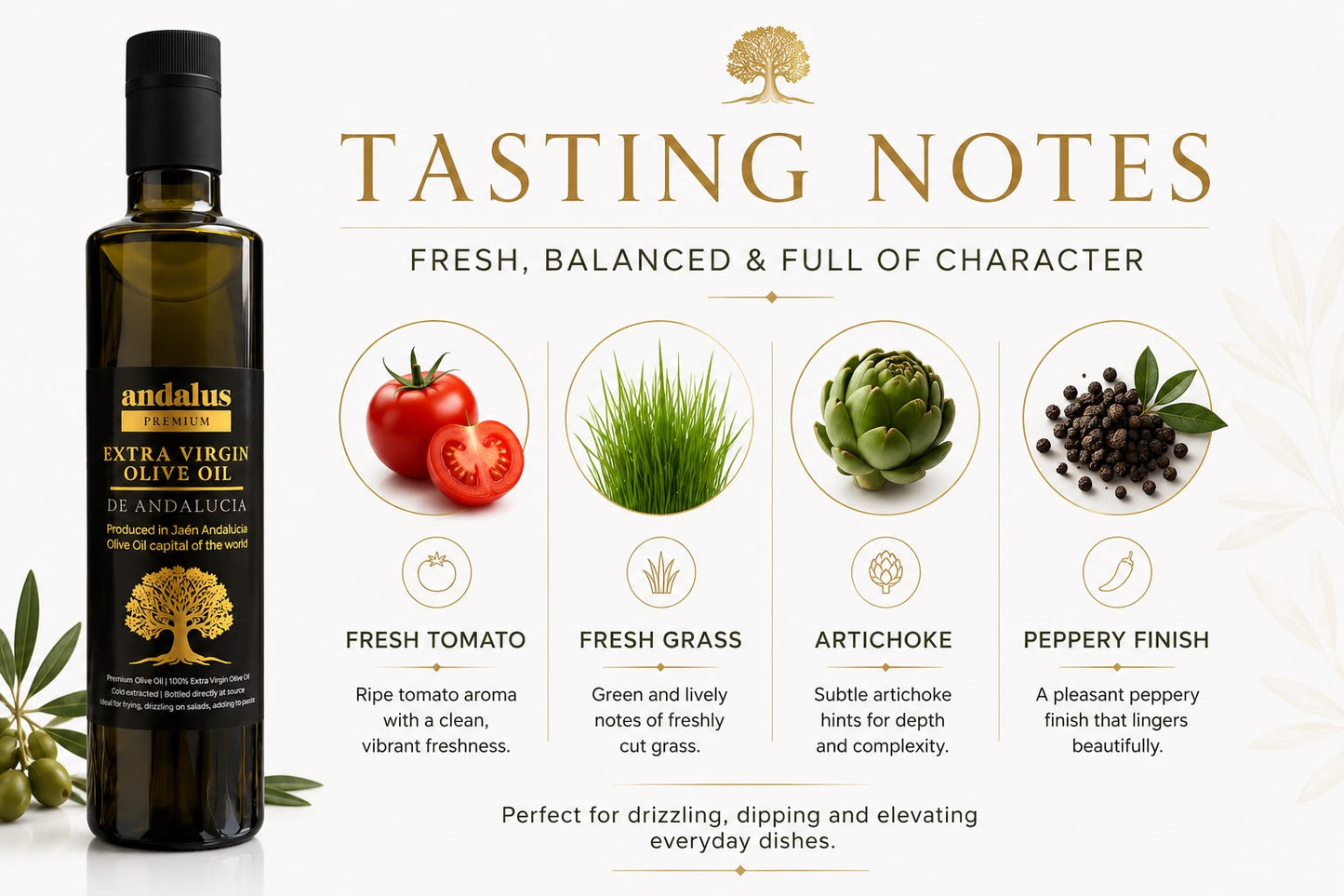 Andalus Extra Virgin Olive Oil bottle shown next to a 'Tasting Notes' graphic detailing flavor profiles: fresh tomato, fresh grass, artichoke, and peppery finish.