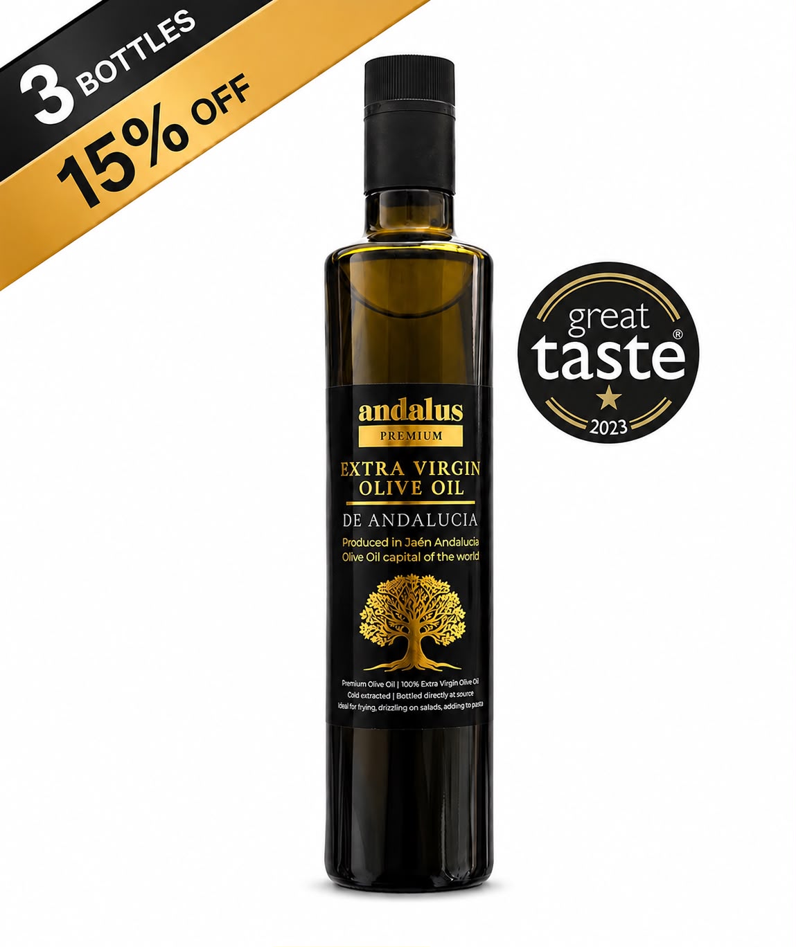 Award-winning Spanish extra virgin olive oil 500ml by Andalus, Great Taste Award 2023 winner, premium cold-pressed olive oil from Jaén, Spain